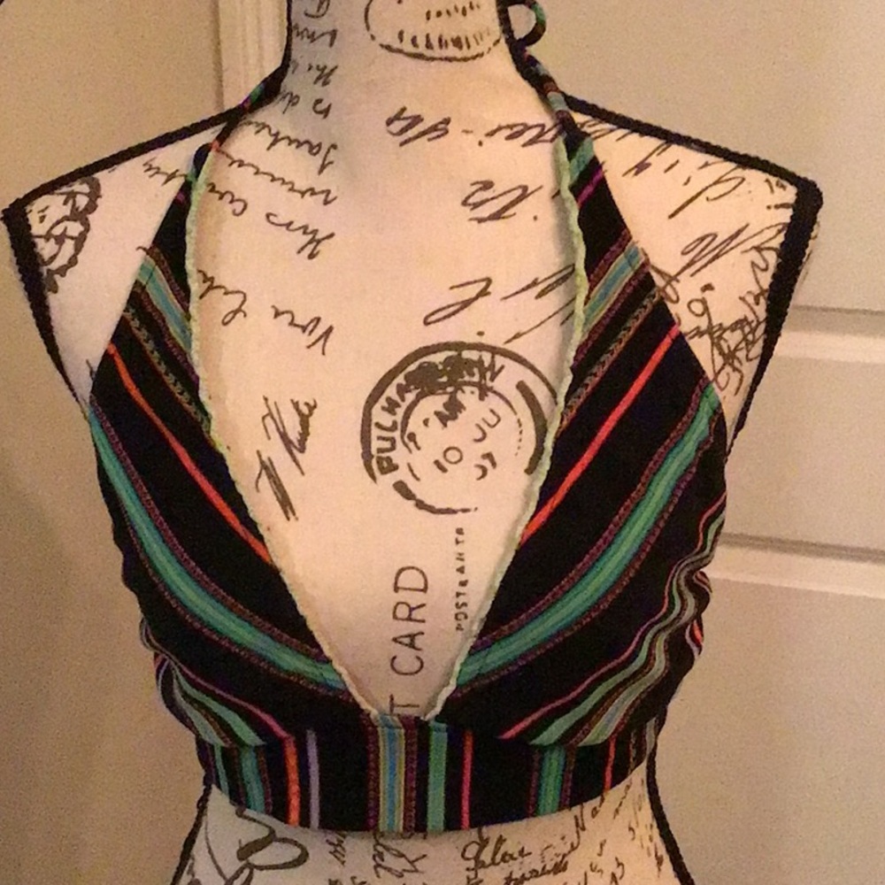 Lucky brand black multi print bikini swim top Sz M